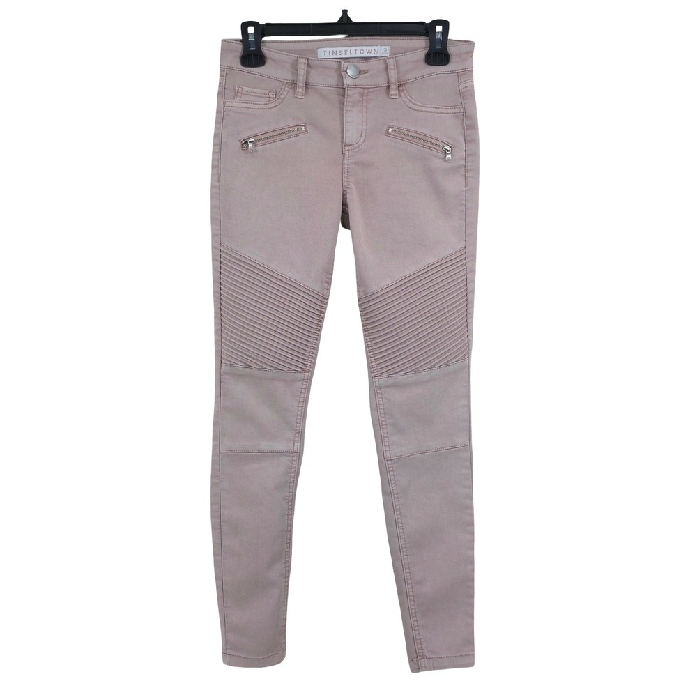 Tinseltown Moto Skinny Low Rise Pink Zip Pocket Biker Jeans Womens 3